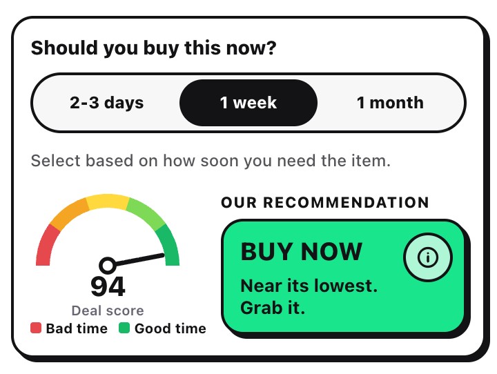 The Should you buy this now card with 2-3 days, 1 week and 1 month choices and a Buy now recommendation