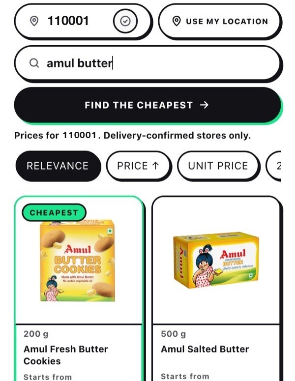 Grocery search results for a New Delhi pincode