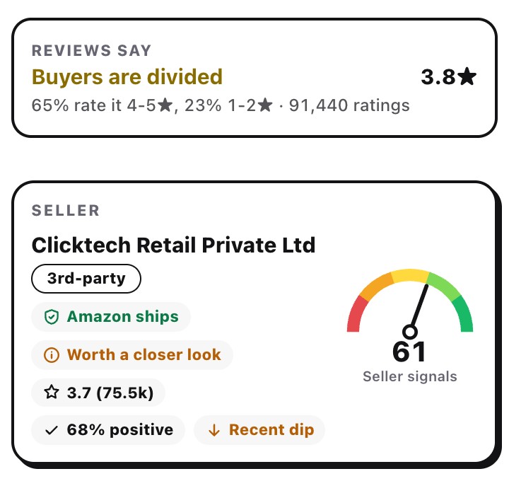 Seller card with shipping and buyer review summary