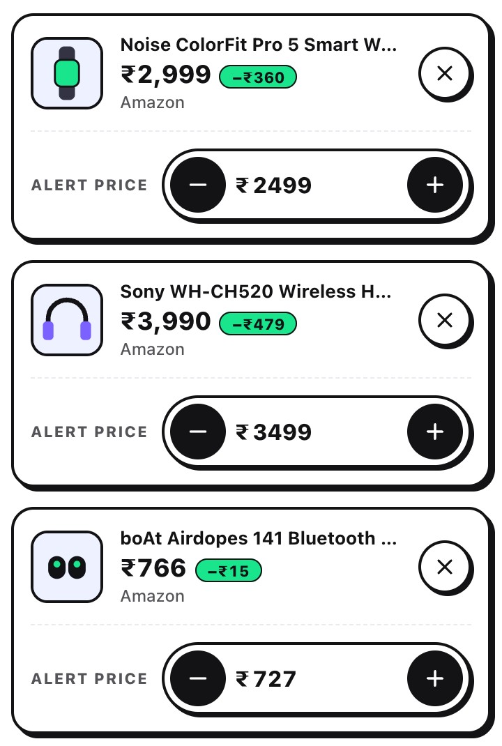 Watchlist with three items and alert prices